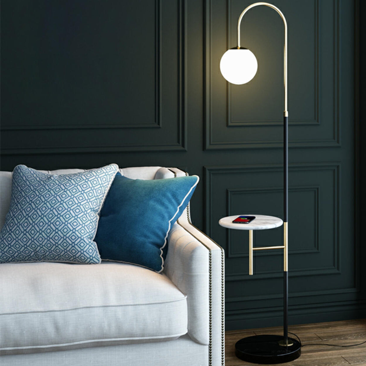 Modern Marble Side Table Arced Globe Floor Lamp Image - 1