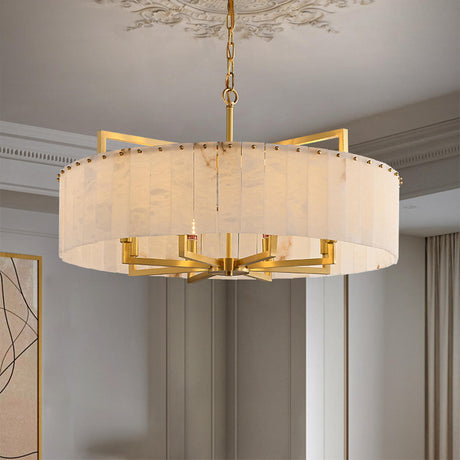 Modern Marble Texture Drum Chandelier Adjustable Chain Image - 1