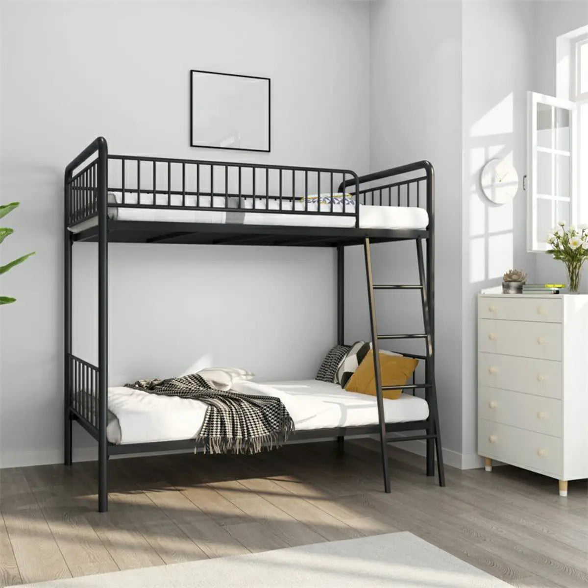 Modern Metal Black Twin Bunk Bed with Stairs and Guardrail Image - 1