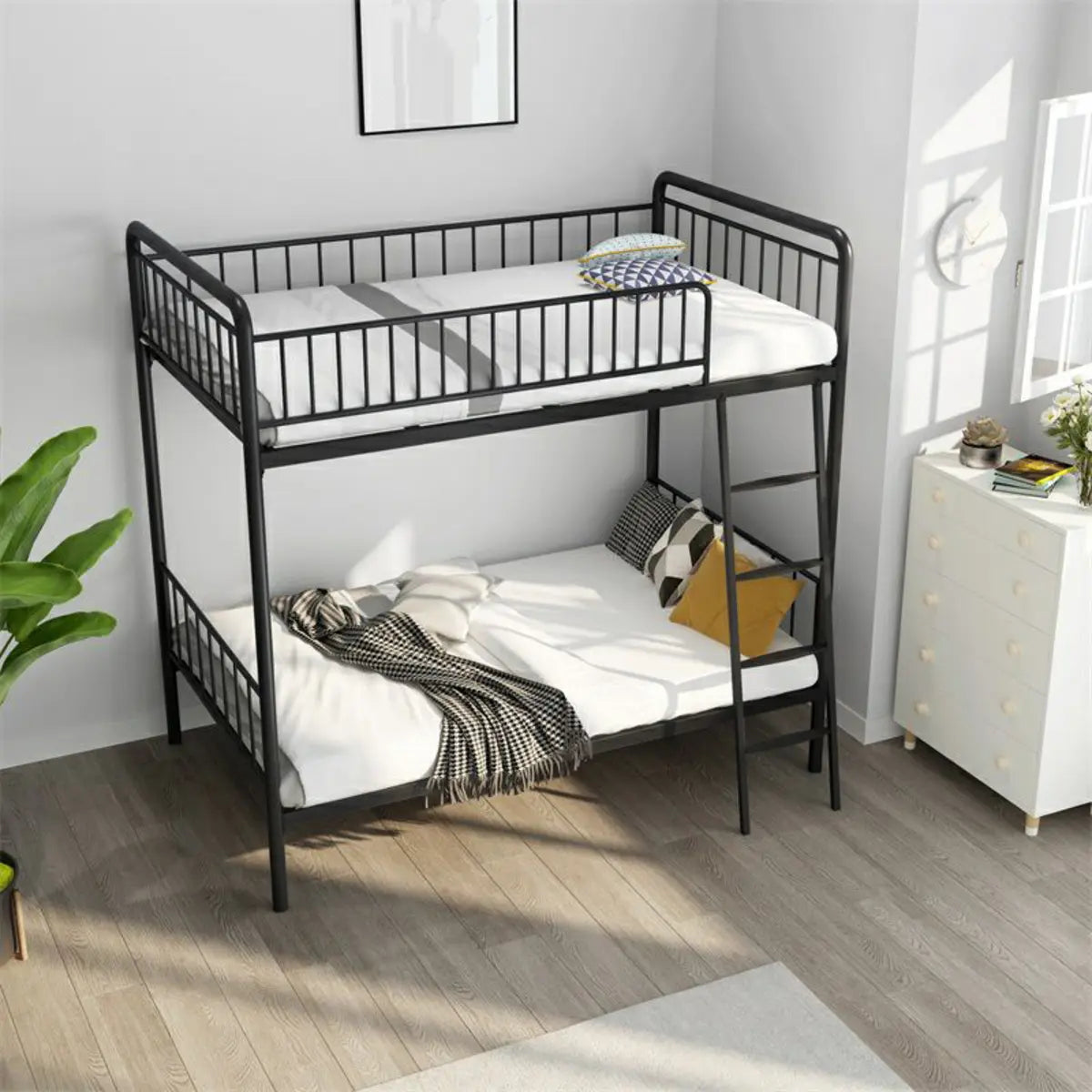 Modern Metal Black Twin Bunk Bed with Stairs and Guardrail Image - 2