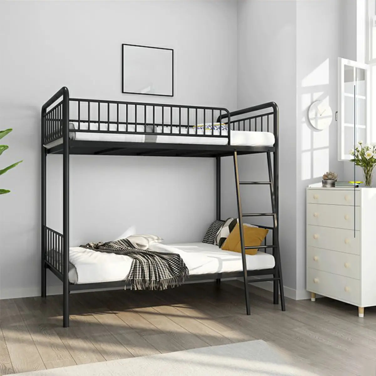 Modern Metal Black Twin Bunk Bed with Stairs and Guardrail Image - 7