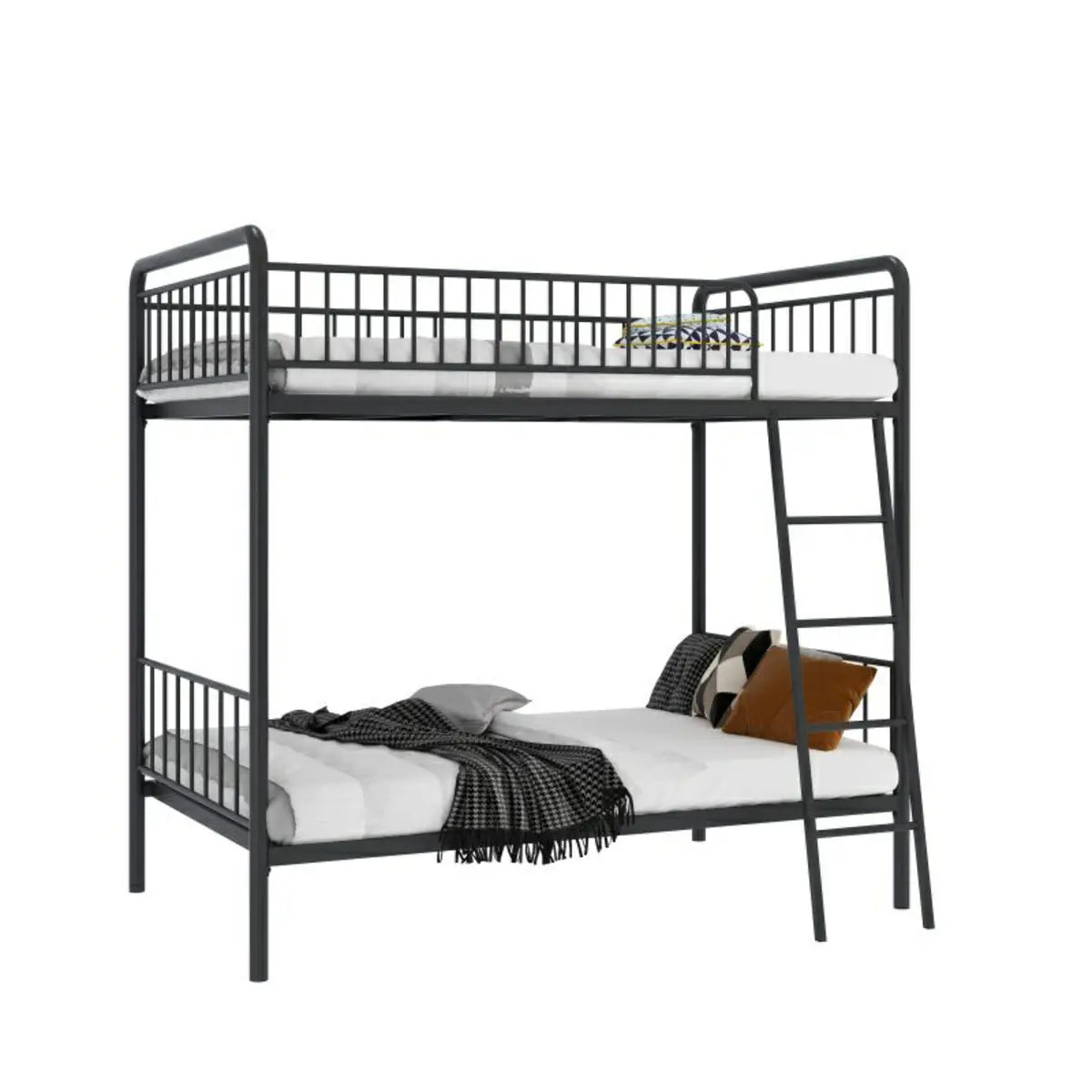 Modern Metal Black Twin Bunk Bed with Stairs and Guardrail Image - 8