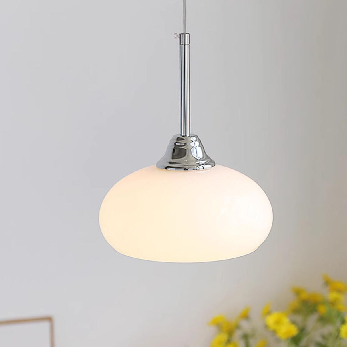 Modern Metal Chrome Dome White Glass Pendant Light Image - 2