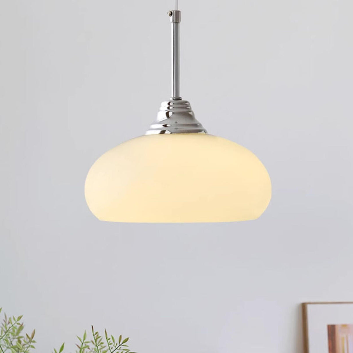 Modern Metal Chrome Dome White Glass Pendant Light Image - 3