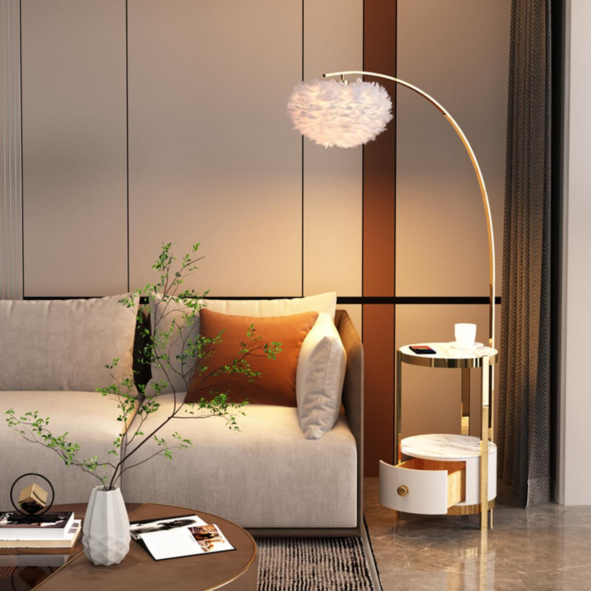 Modern Metal Feather Floor Lamp Storage Shelf Image - 24