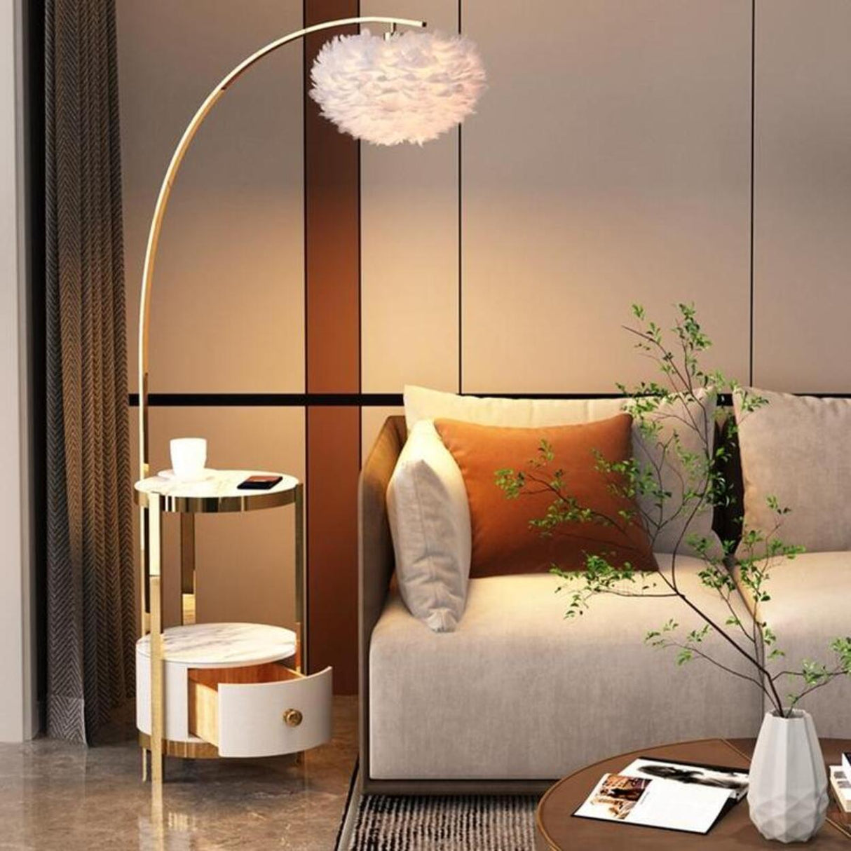 Modern Metal Feather Floor Lamp Storage Shelf Image - 7