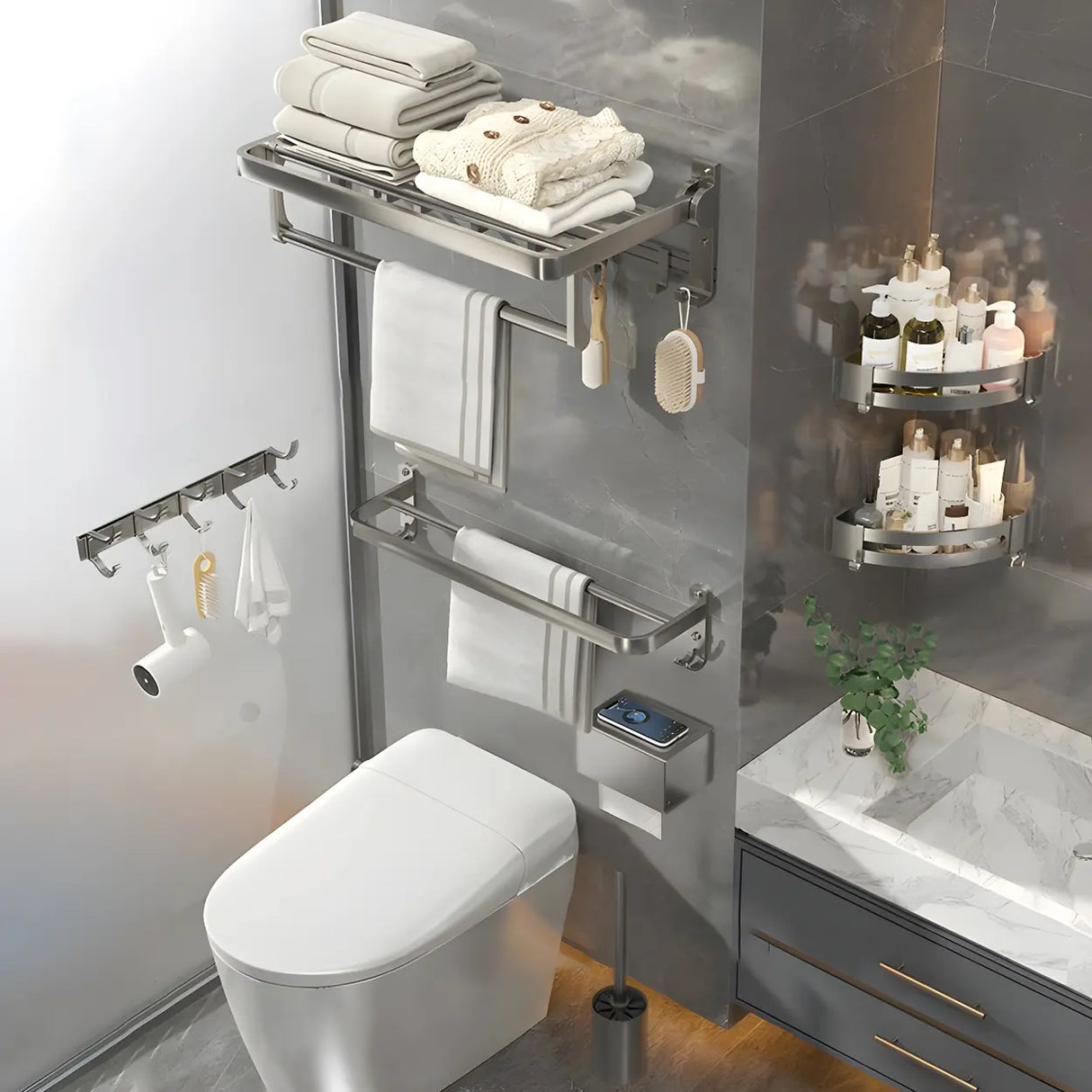 Modern Metal Mounting Hardware Bathroom Set with Shelves Image - 12