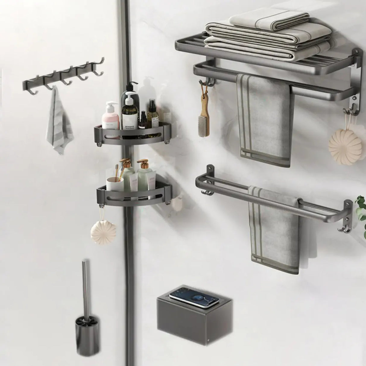 Modern Metal Mounting Hardware Bathroom Set with Shelves Image - 7