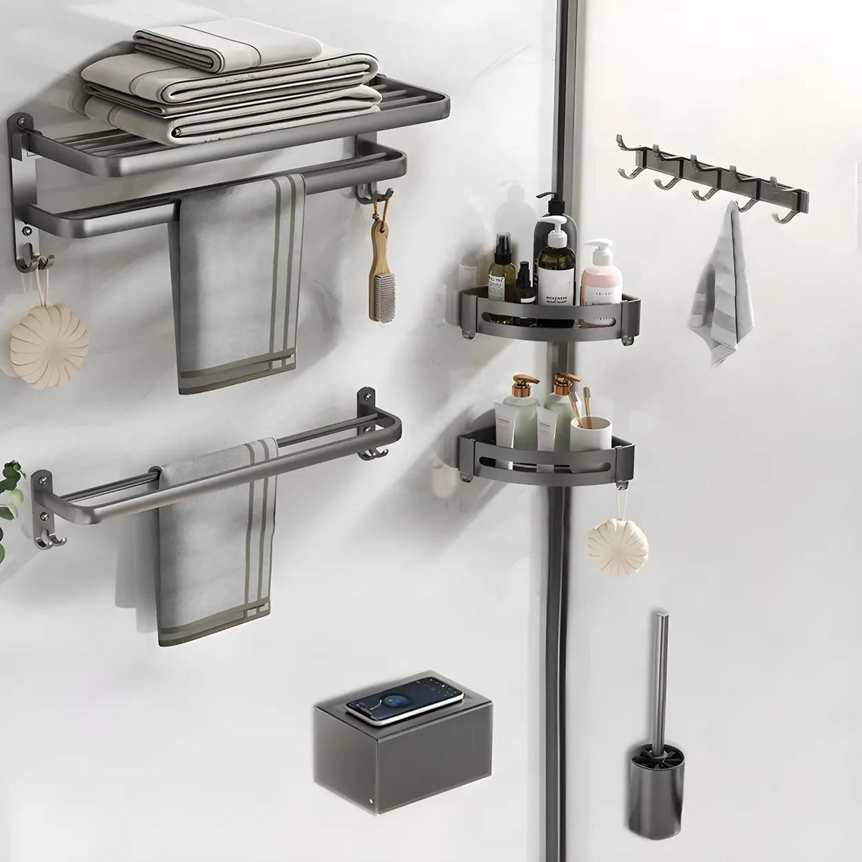 Modern Metal Mounting Hardware Bathroom Set with Shelves Image - 9