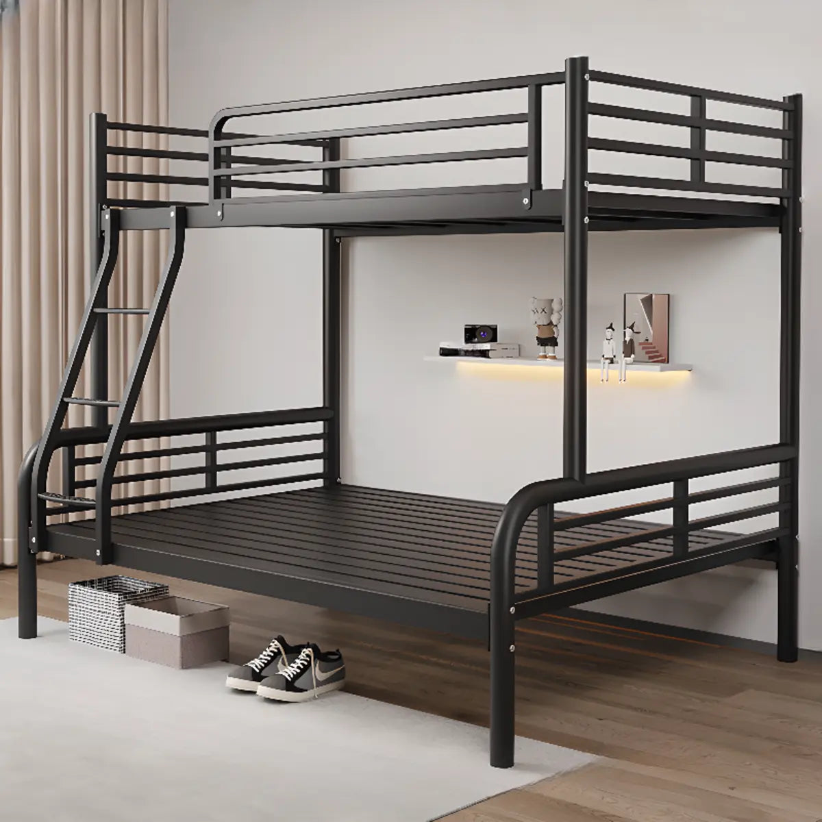 Modern Metal White Bunk Bed with Stairs and Guardrail Image - 3