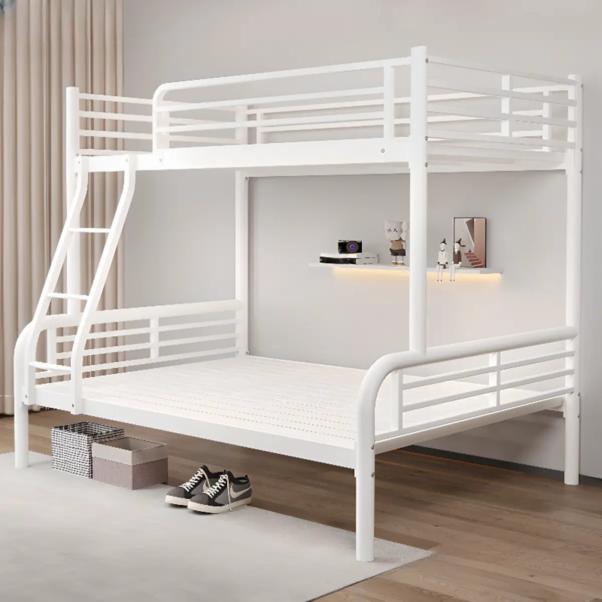 Modern Metal White Bunk Bed with Stairs and Guardrail Image - 5