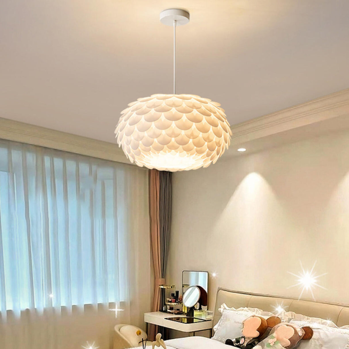 Modern Metal White Flakes Drum Bedroom Pendant Light Image - 1