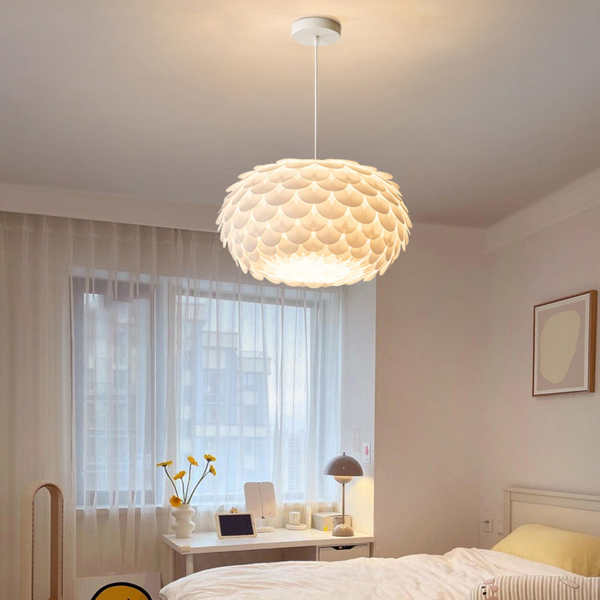 Modern Metal White Flakes Drum Bedroom Pendant Light Image - 4