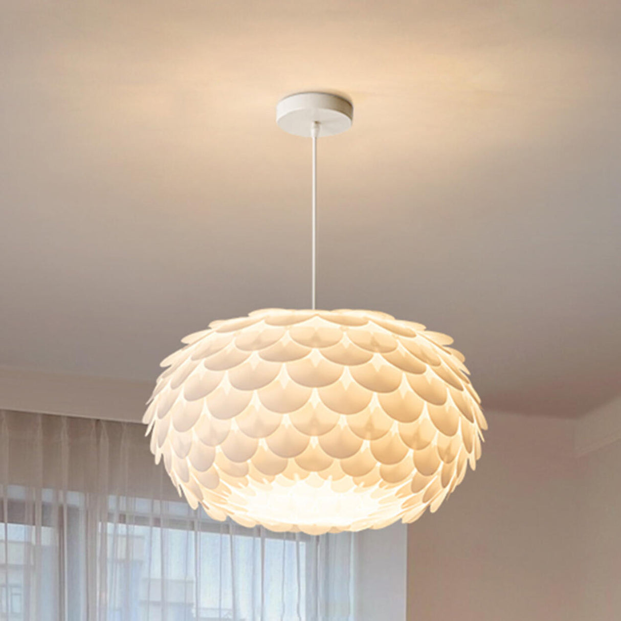 Modern Metal White Flakes Drum Bedroom Pendant Light Image - 5