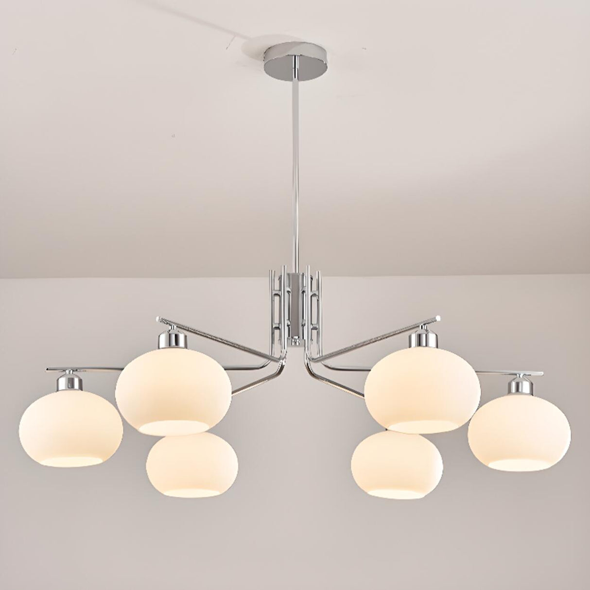 Modern Milk Glass Drum Chrome Chandelier Adjustable Height Image - 15