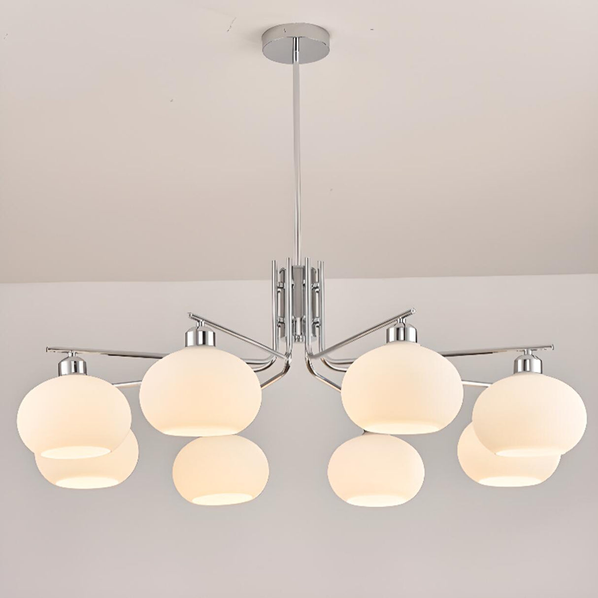 Modern Milk Glass Drum Chrome Chandelier Adjustable Height Image - 16