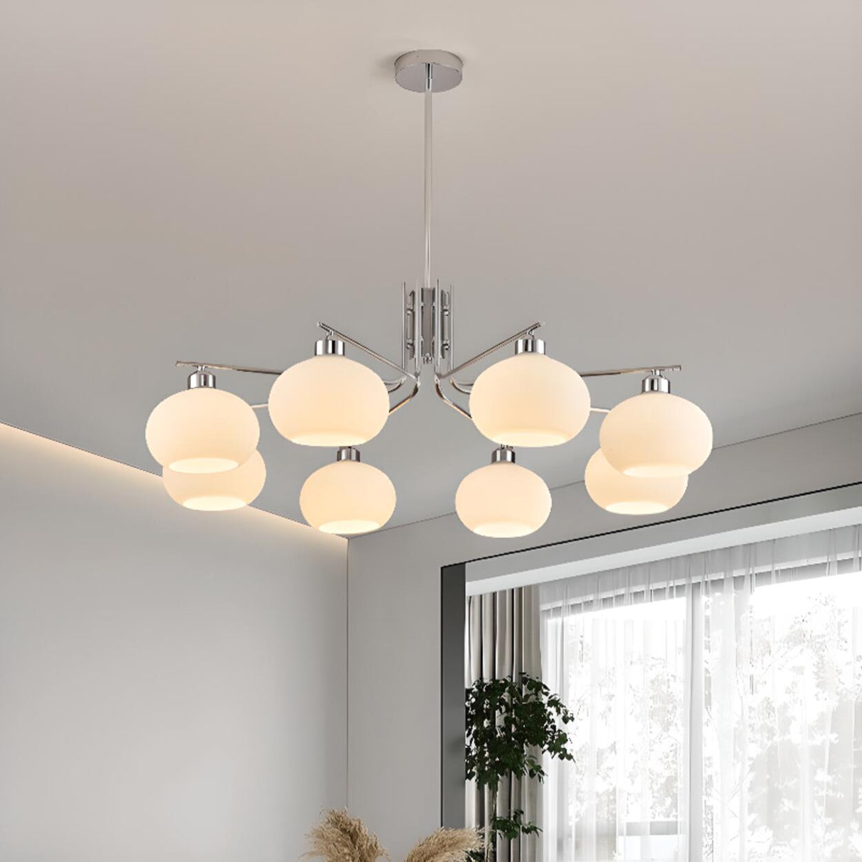 Modern Milk Glass Drum Chrome Chandelier Adjustable Height Image - 4