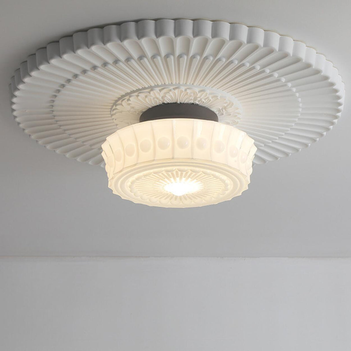 Modern Milky Yellow Drum Flush Mount Ceiling Light Image - 11