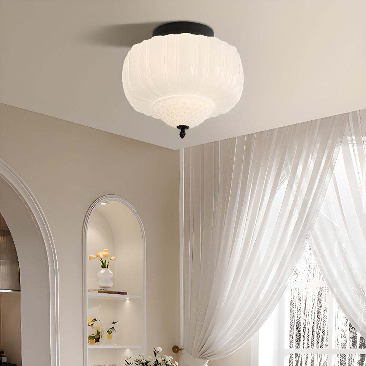 Modern Milky Yellow Drum Flush Mount Ceiling Light Image - 3