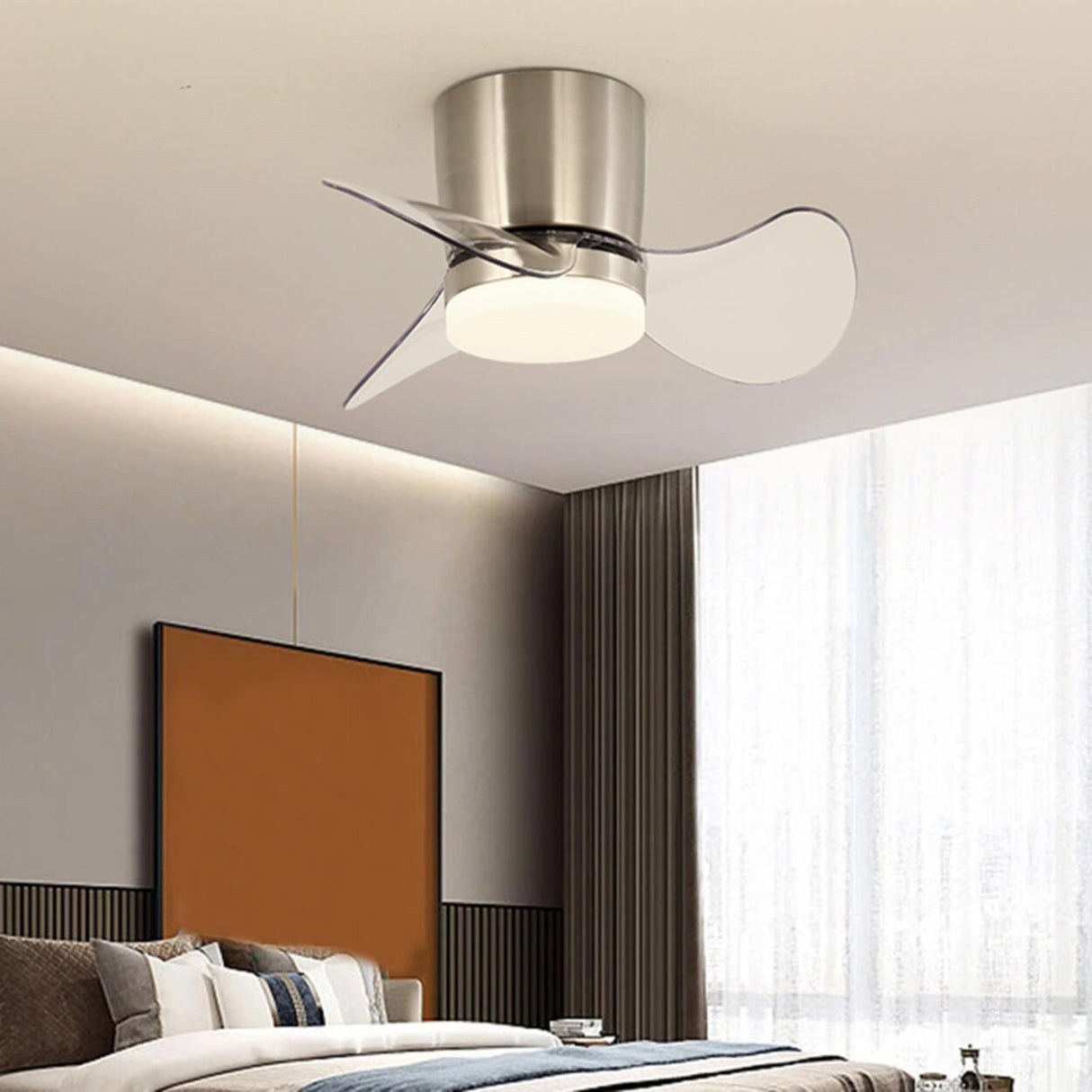 Modern Mini Flush Mount Metal Ceiling Fan with Light Image - 15