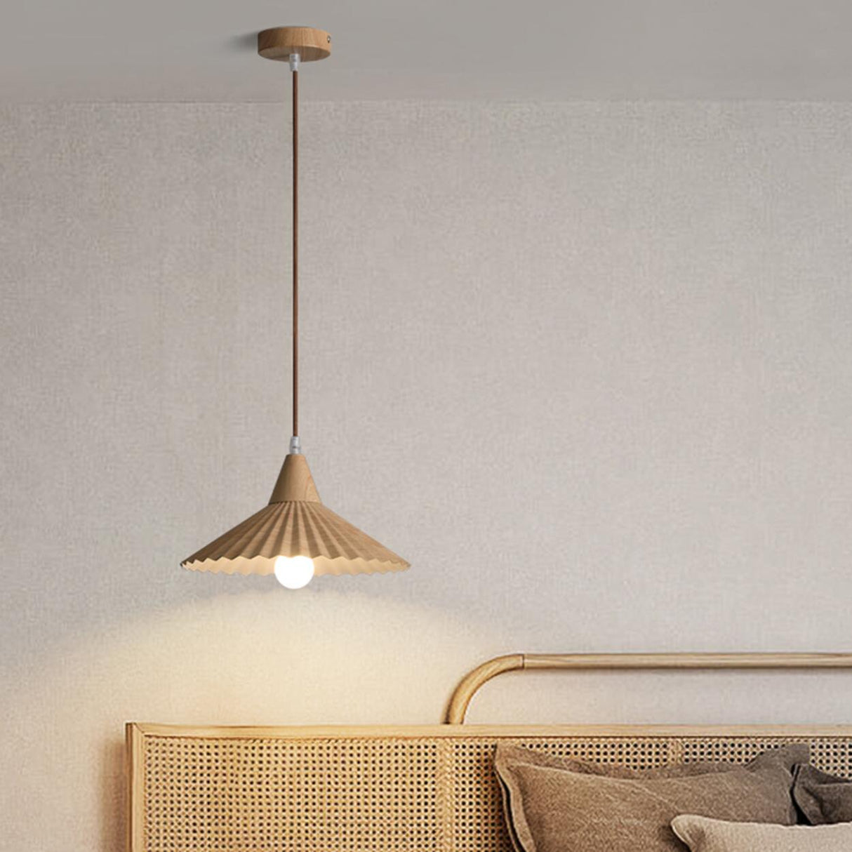 Modern Mini Wooden Pleated Cone Pendant Light Bedroom Image - 1