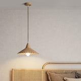 Modern Mini Wooden Pleated Cone Pendant Light Bedroom Image - 1