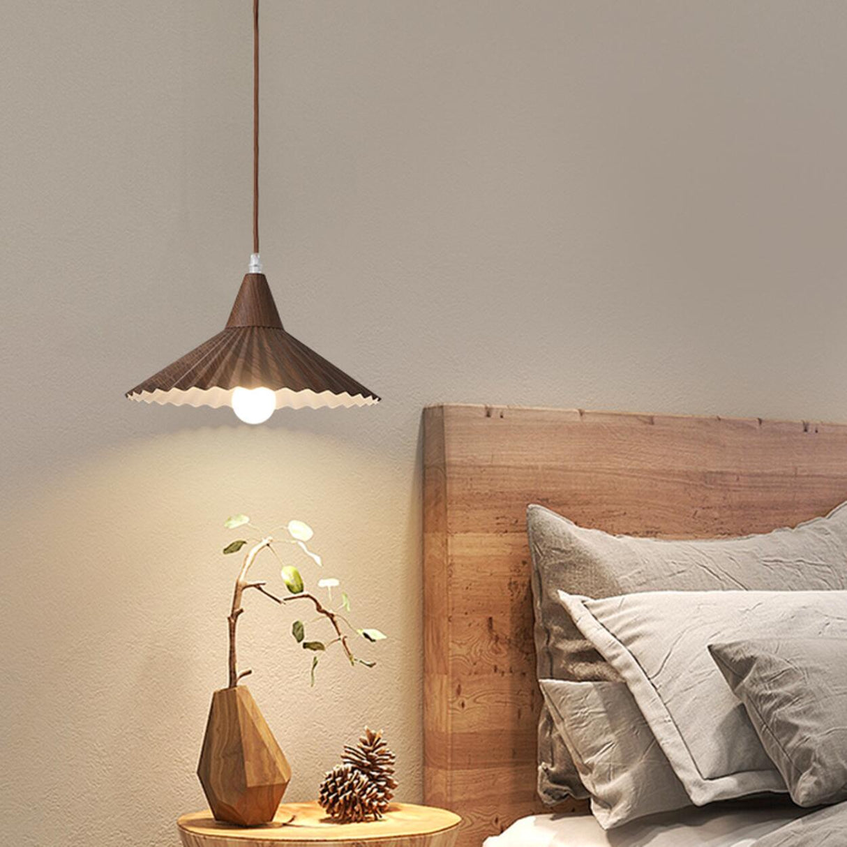 Modern Mini Wooden Pleated Cone Pendant Light Bedroom Image - 4