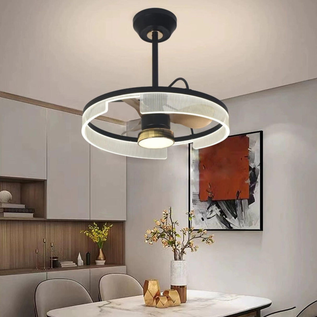 Modern Minimalist Black Circle Ceiling Fan with Light Image - 2