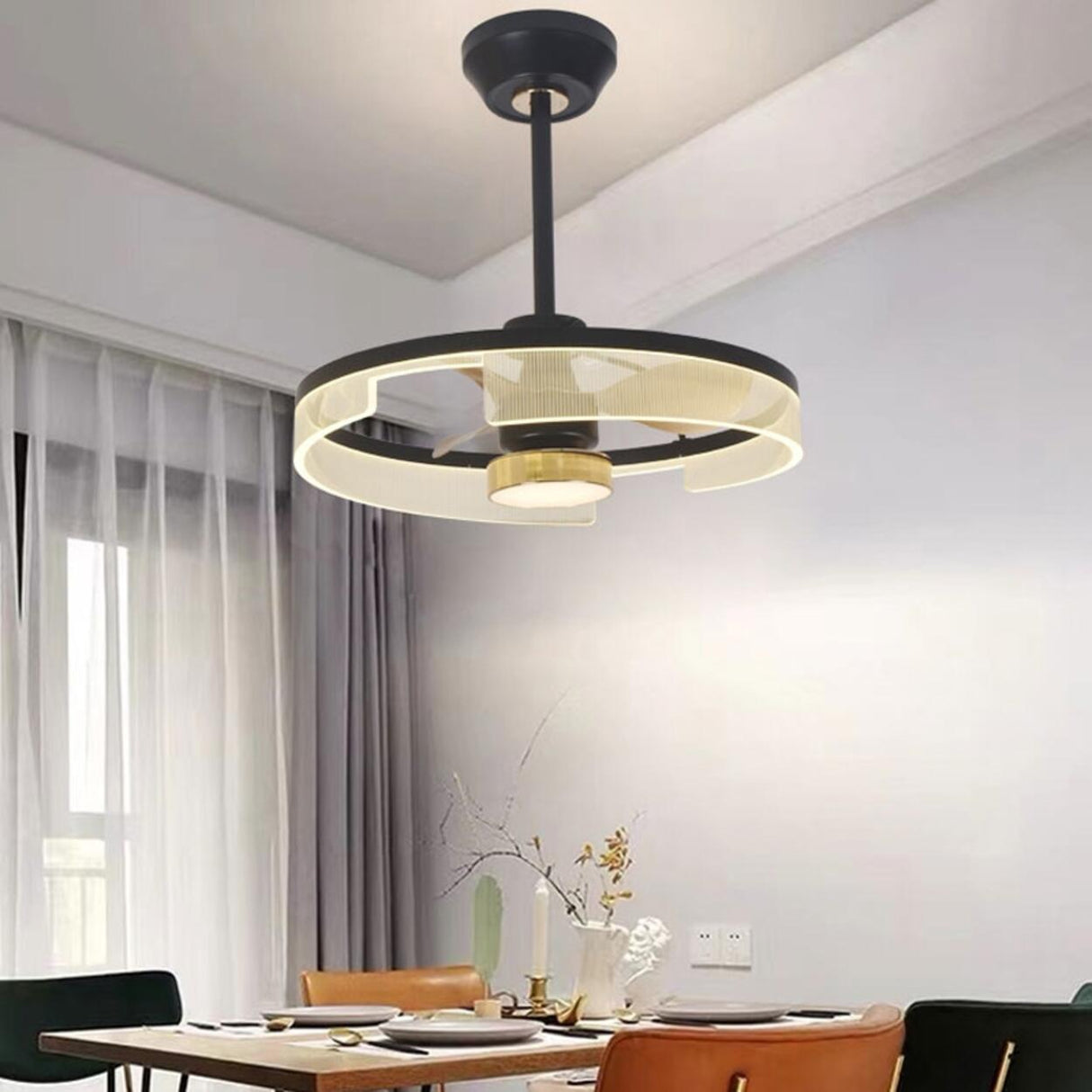 Modern Minimalist Black Circle Ceiling Fan with Light Image - 3