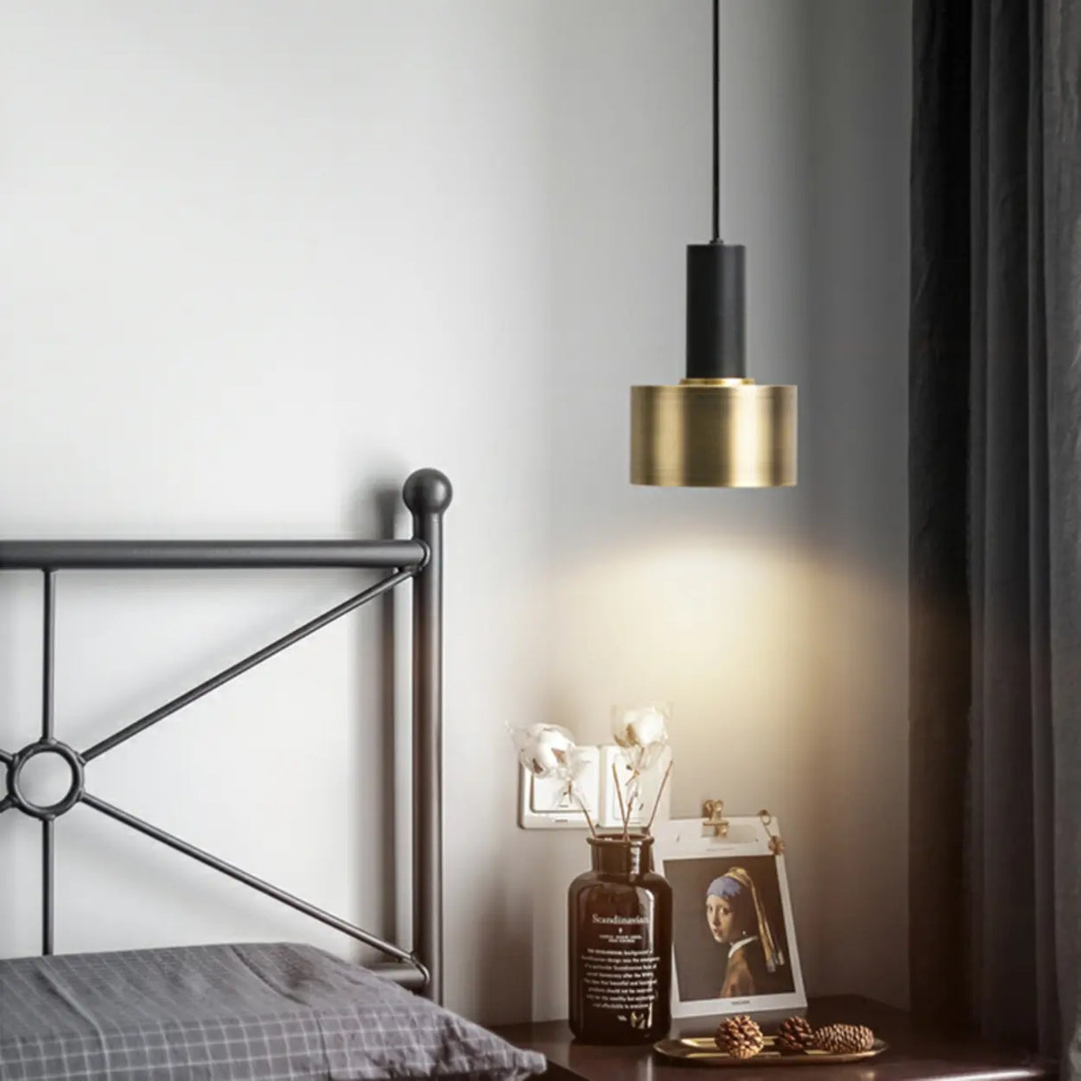 Modern Minimalist Black Gold Bedroom Cylinder Pendant Light Image - 11