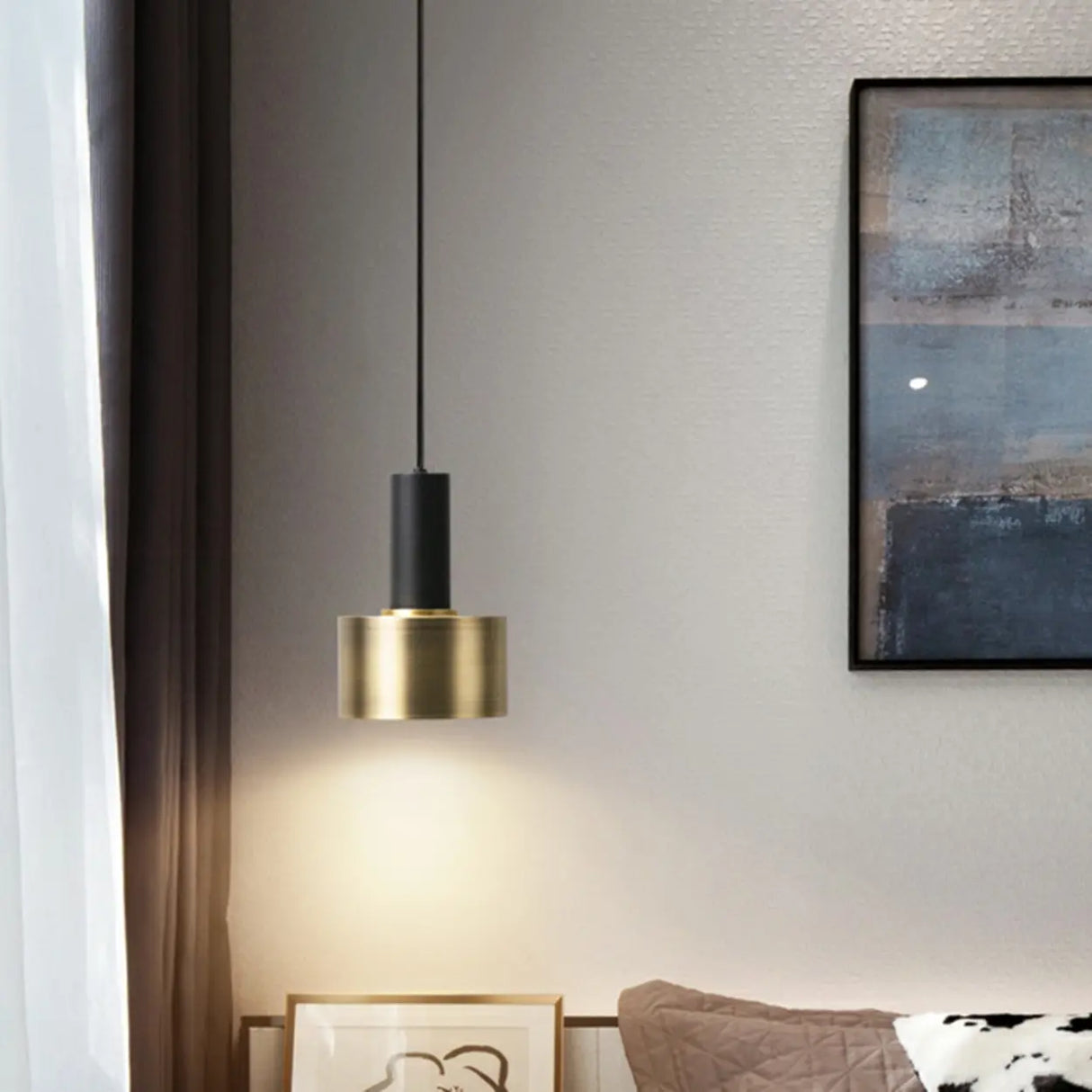 Modern Minimalist Black Gold Bedroom Cylinder Pendant Light Image - 6