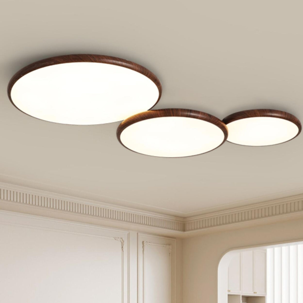 Modern Minimalist Circle Walnut Flush Mount Light Image - 6