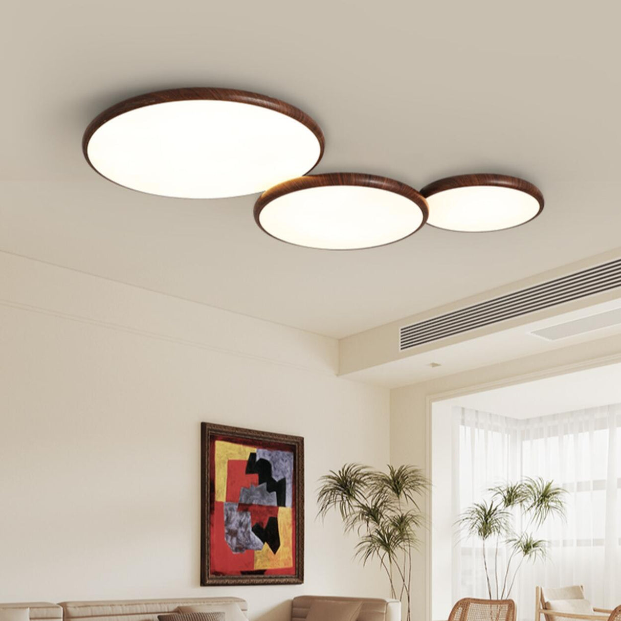 Modern Minimalist Circle Walnut Flush Mount Light Image - 8