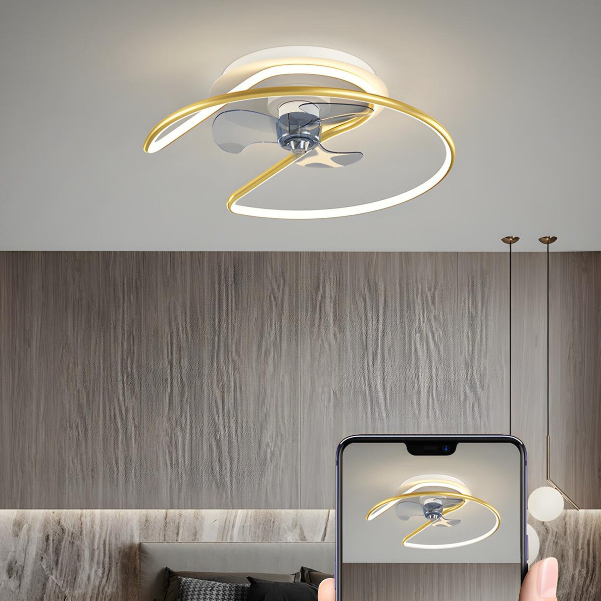 Modern Minimalist Curve Metal Ceiling Fan with Light Image - 13