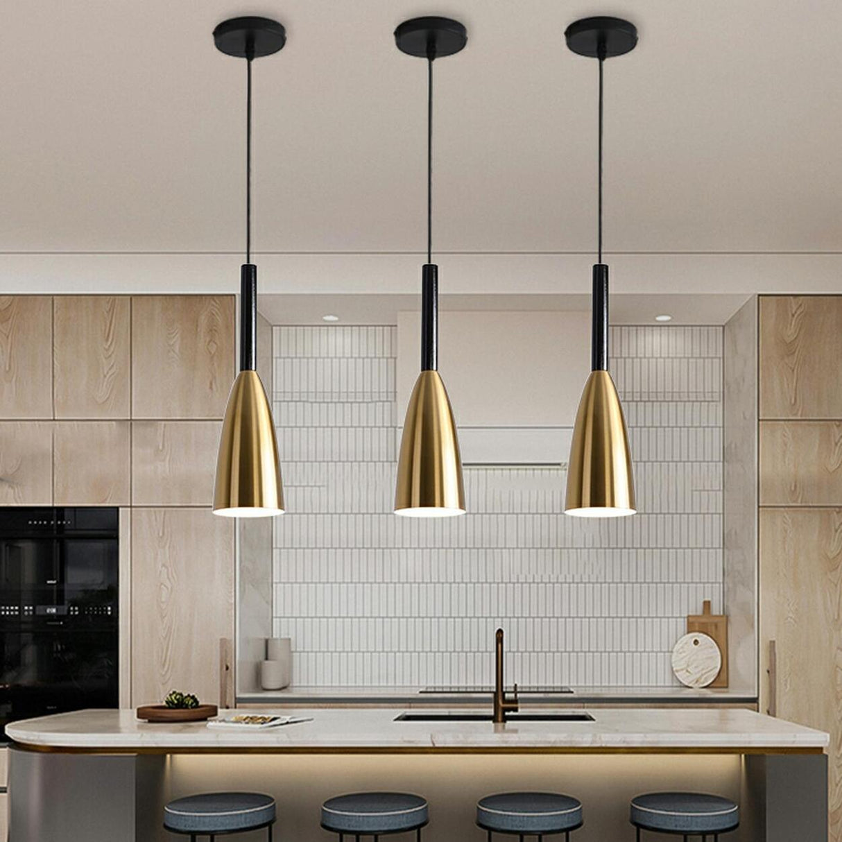 Modern Minimalist Dining Room Brass Cone Pendant Light Image - 9