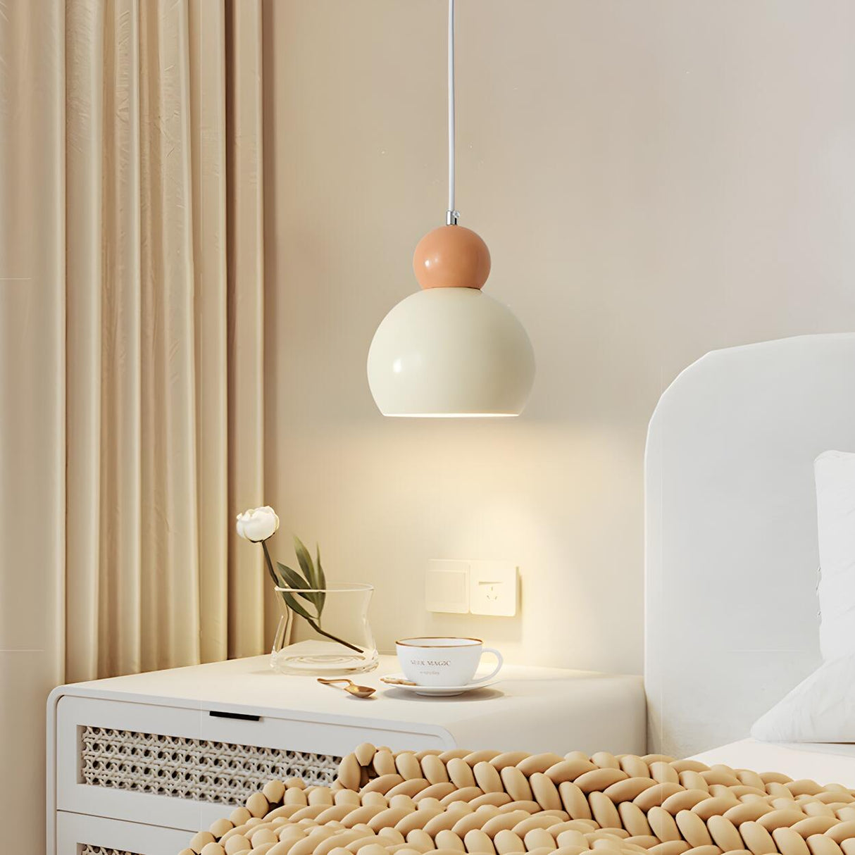 Modern Minimalist Metal Beige Dome Bedroom Pendant Light Image - 13