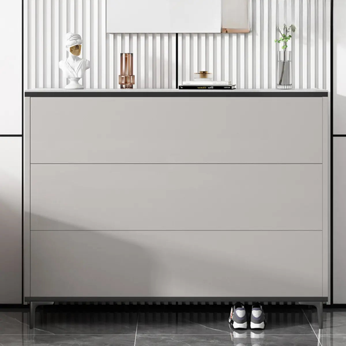 Modern Minimalist Rectangle Wood Entryway Gray Shoe Cabinet Image - 1