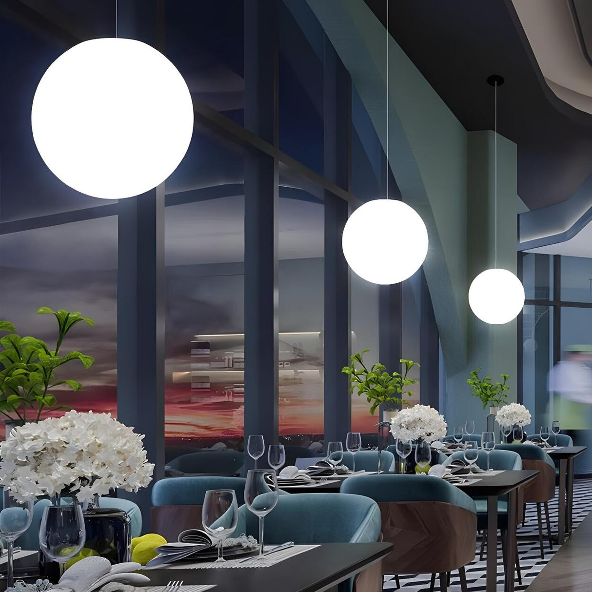 Modern Minimalist Restaurant White Globe Pendant Light Image - 1