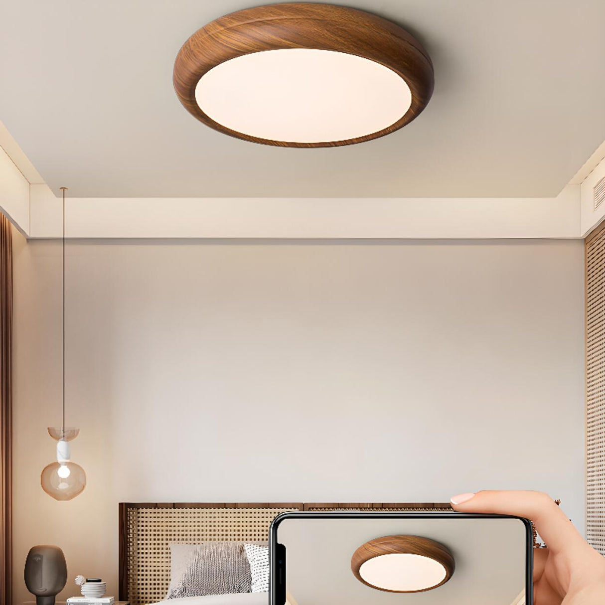 Modern Minimalist Round Wood LED Flush Mount Light Image - 6