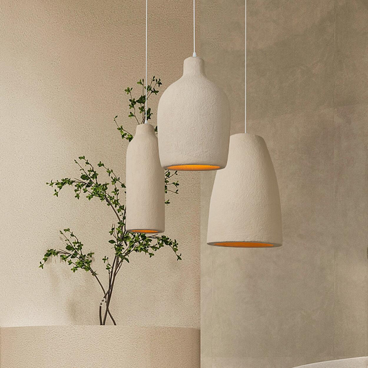 Modern Minimalist White Cylinder Pottery Pendant Light Set Image - 1