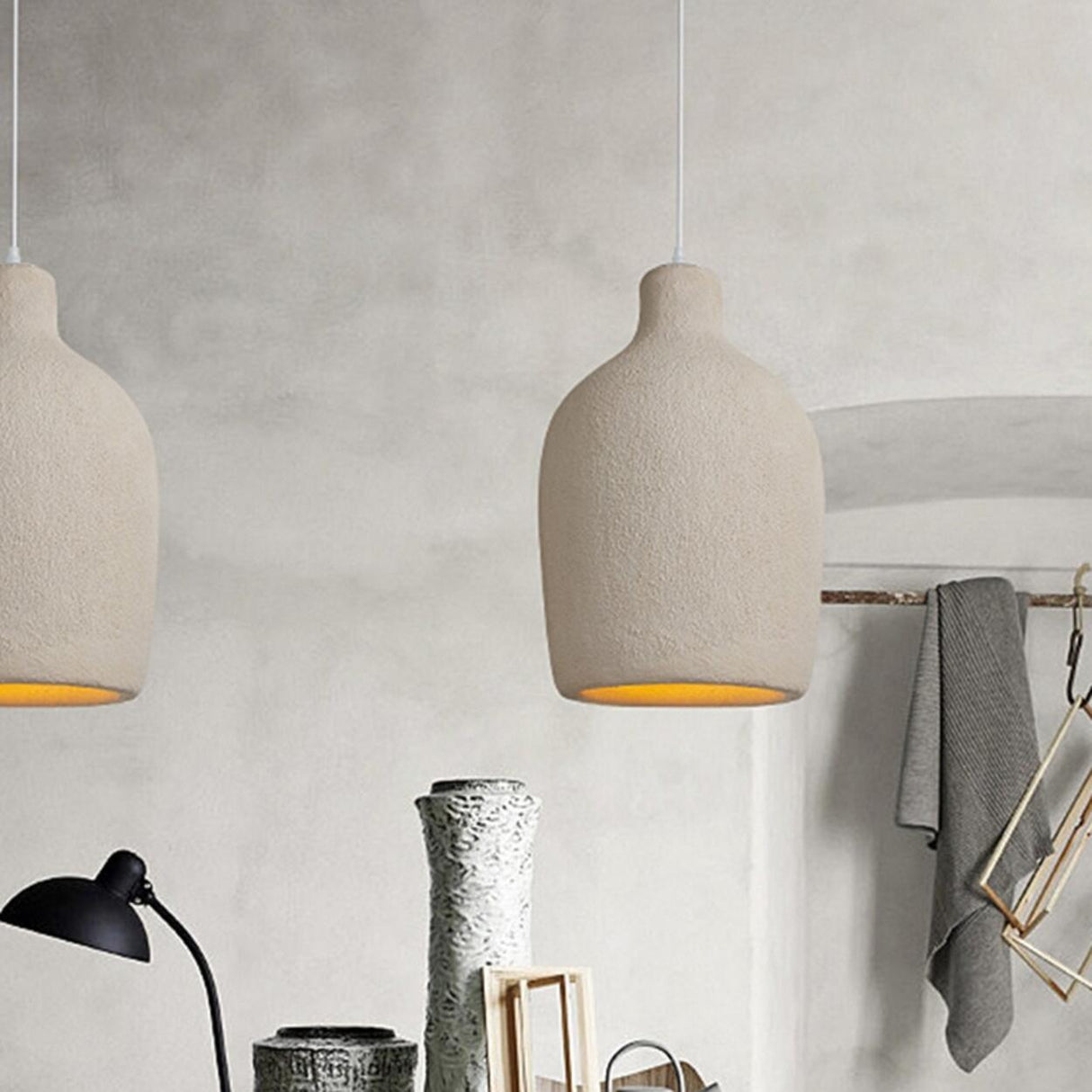 Modern Minimalist White Cylinder Pottery Pendant Light Set Image - 6