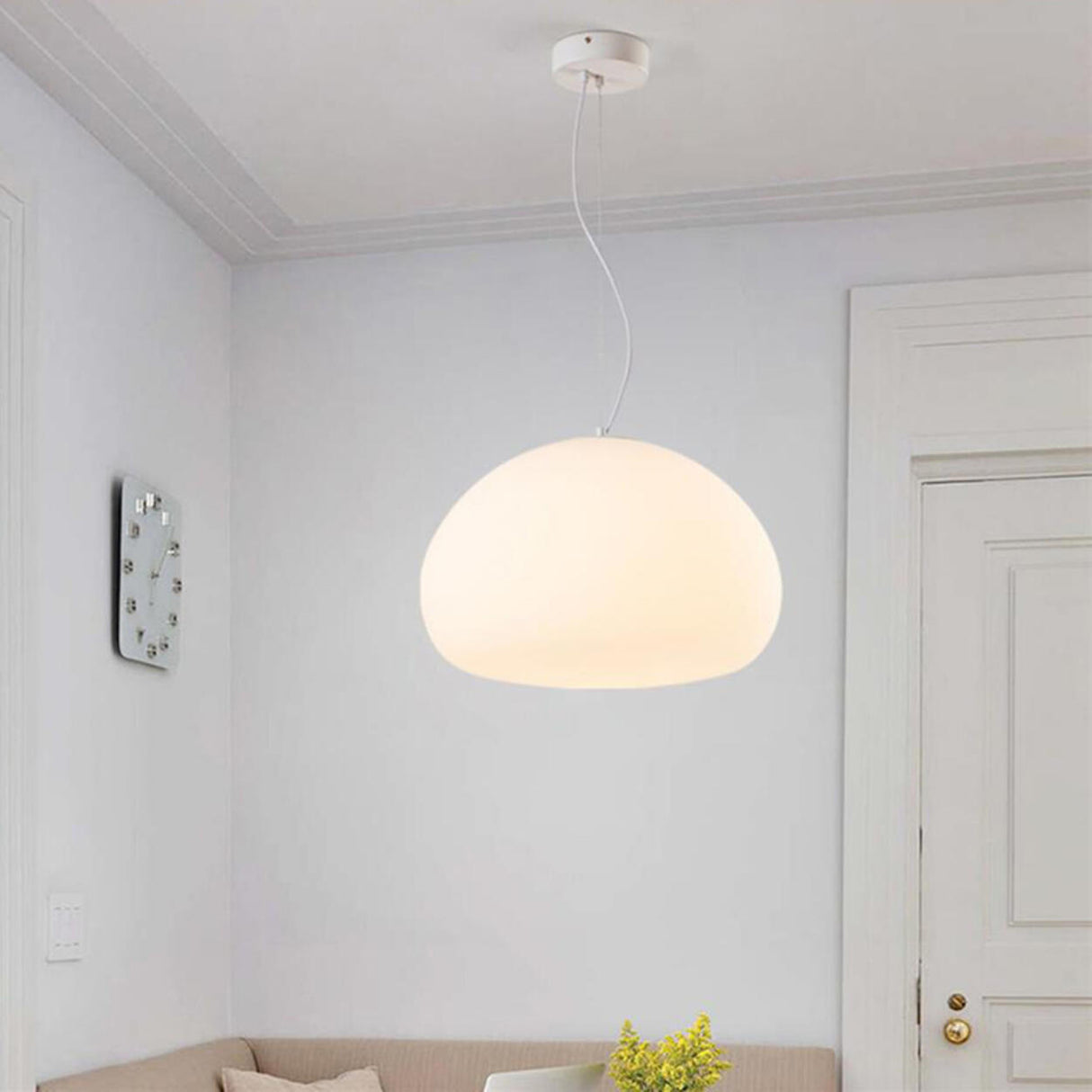 Modern Minimalist White Glass Drum Pendant Light Image - 13