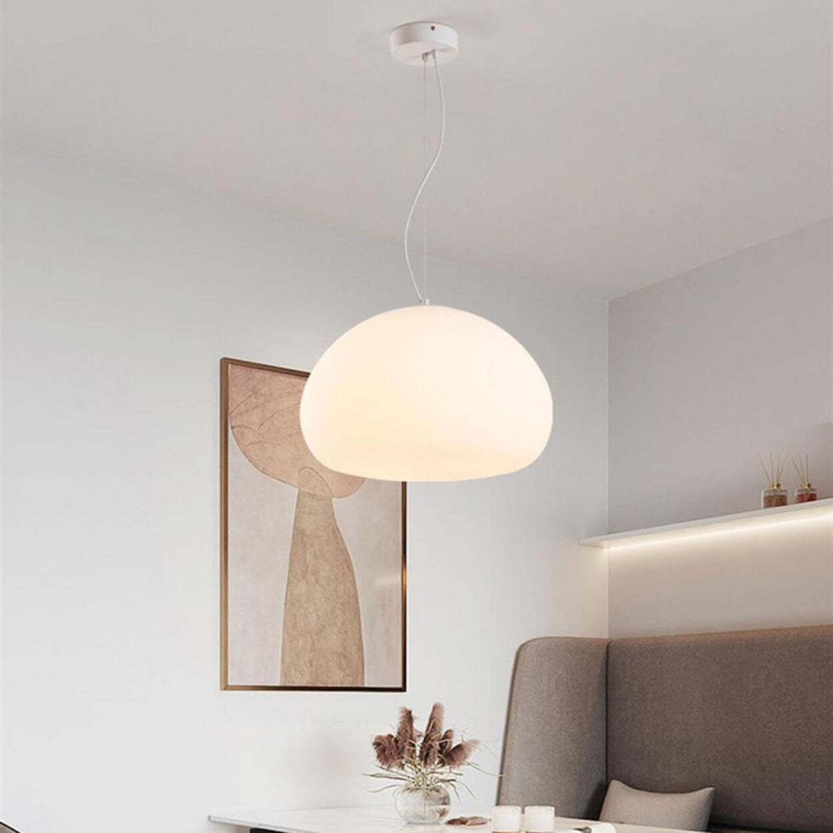 Modern Minimalist White Glass Drum Pendant Light Image - 14