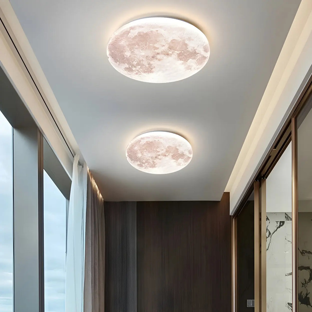 Modern Moon Round Dimmable LED Flush Mount Ceiling Lamp Image - 19