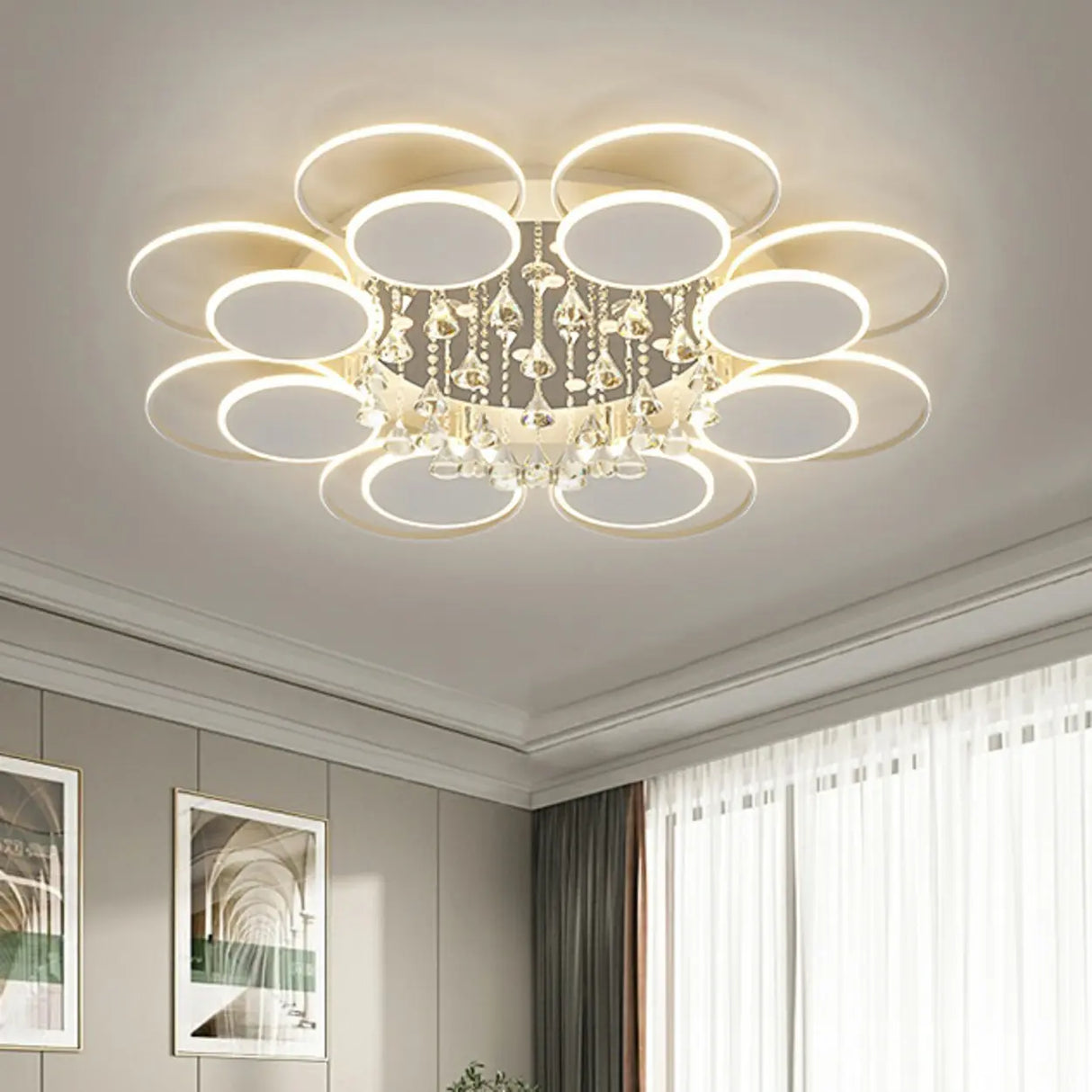 Modern Multi-Round Crystal Chain Semi-Flush Mount Light Image - 4