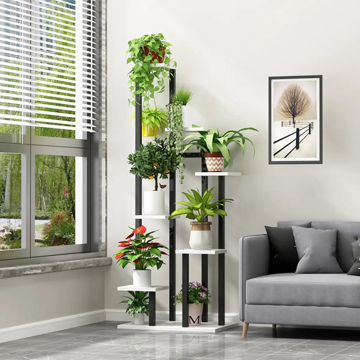 Modern Multi-Tier Wood Floor Display Plant Stand Black Image - 1