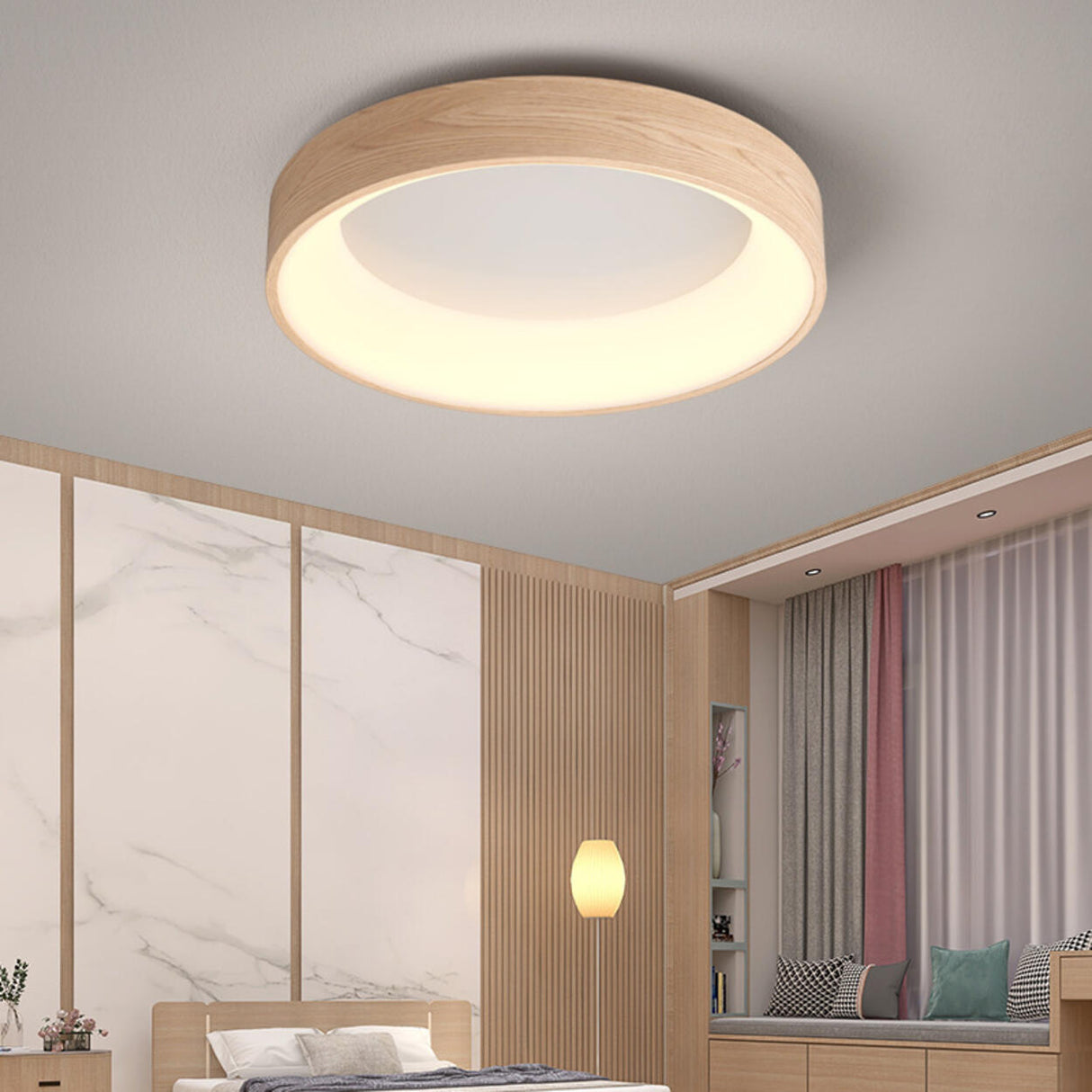 Modern Natural Round Wood LED Flush Mount Ceiling Light Image - 1