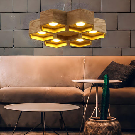 Modern Natural Wooden Honeycomb LED Ceiling Chandelier Image - 1