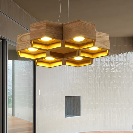 Modern Natural Wooden Honeycomb LED Ceiling Chandelier Image - 2