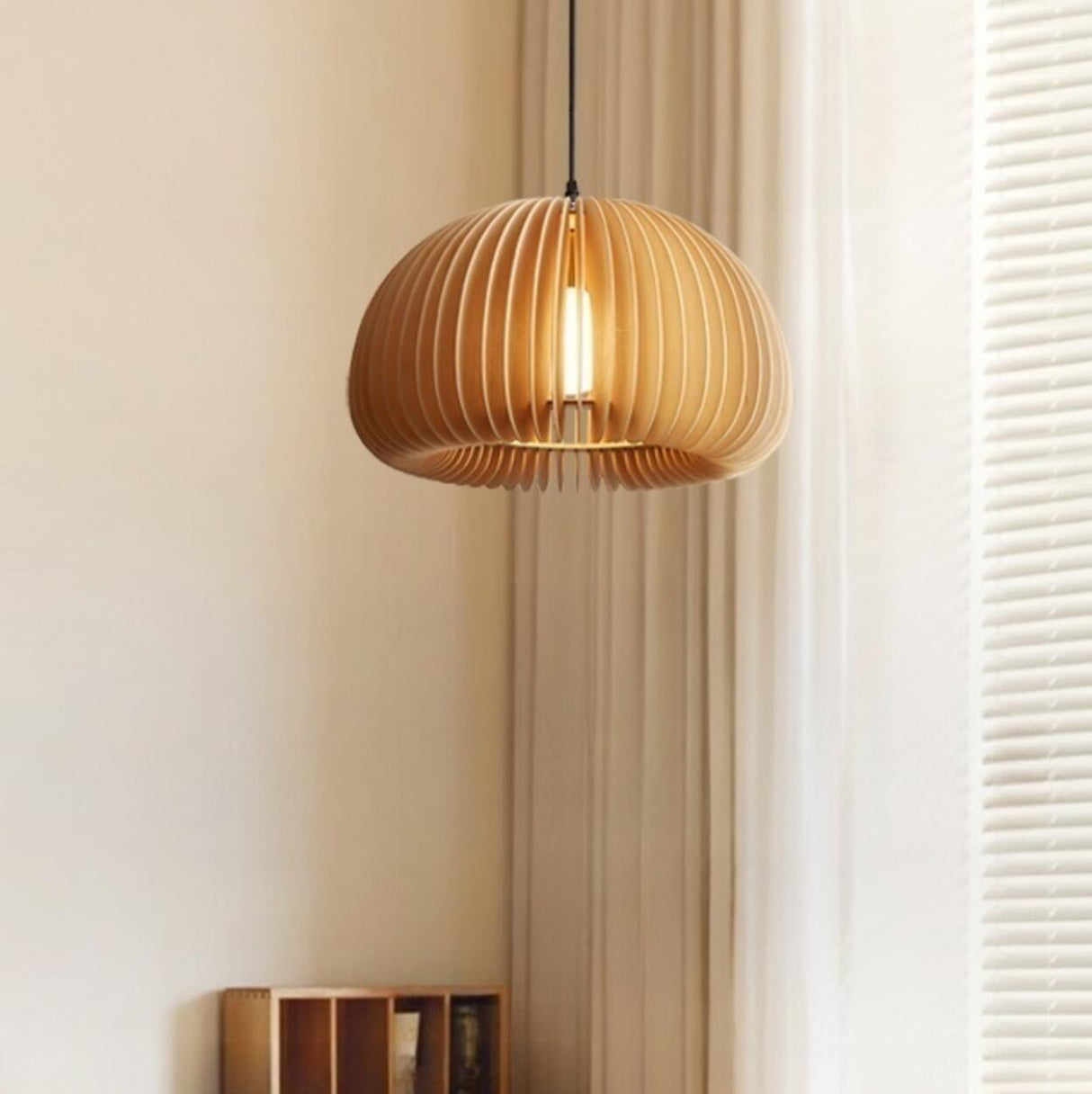 Modern Natural Wooden Pumpkin Slatted Pendant Lights Image - 8